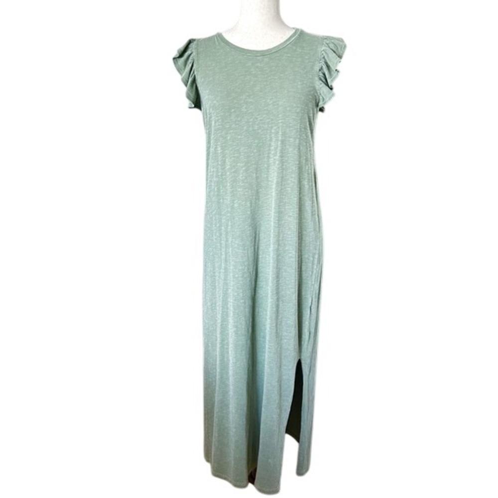 Sundry Ayana Sleeveless Midi Olive Green Dress Ruffle Sleeve Slit Size 2 (M 6-8)